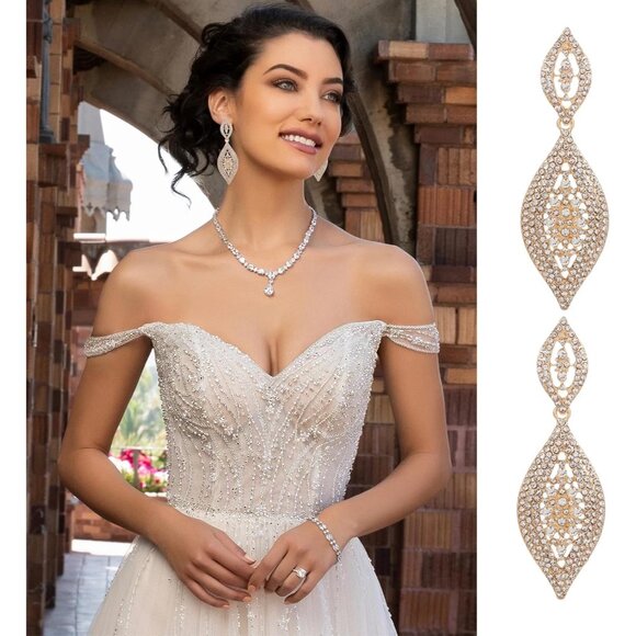 Women's Champagne Rhinestone Crystal Long Leaf Dangle Chandelier Earrings - Picture 7 of 7